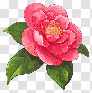 Camellia Flower - Illustration Of Pink Camellia Flower With Leaves Transparent PNG