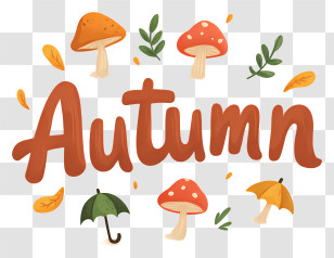 Autumn Logo - Autumn Text With Mushrooms And Leaves Transparent PNG