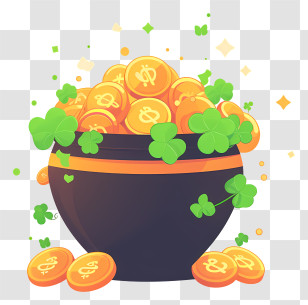 Pot - Pot Of Gold Coins With Clover Accents Transparent PNG