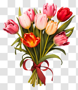 Doodle Style Tulips Bouquet - Tulip Bouquet With Red Ribbon Transparent PNG