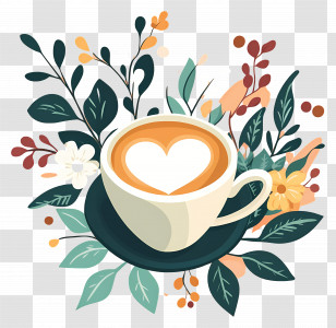 Morning Coffee - Coffee Cup With Heart And Floral Design Transparent PNG
