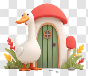 Kawaii Goose Near Mushroom Cottage - Whimsical Duck And Mushroom House Transparent PNG