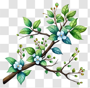 Watercolor Tree Branch - Flowering Branch With Leaves Transparent PNG