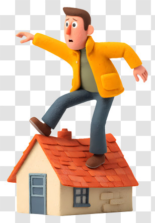 Scared Man On House Roof - Cartoon Man Balancing On A Roof Transparent PNG