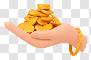 Gold Jewelry In Hand - Hand Holding Pile Of Coins Transparent PNG
