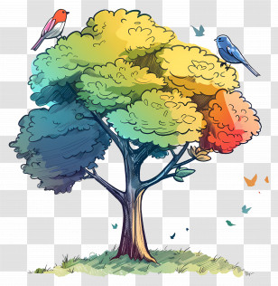 Tree With Birds - Colorful Tree With Birds Transparent PNG