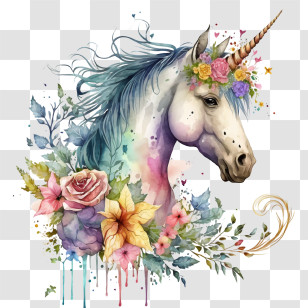 Watercolor Unicorn - Whimsical Unicorn Illustration With Floral Crown Transparent PNG