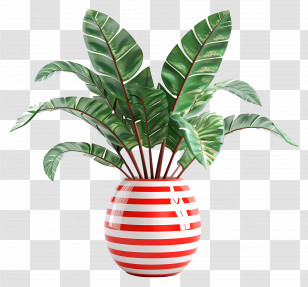 Potted Tropical Plant - Striped Flower Pot With Green Leaves Transparent PNG