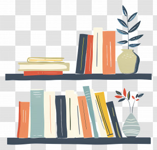 Books On Shelf - Illustrated Bookshelf With Books And Vases Transparent PNG