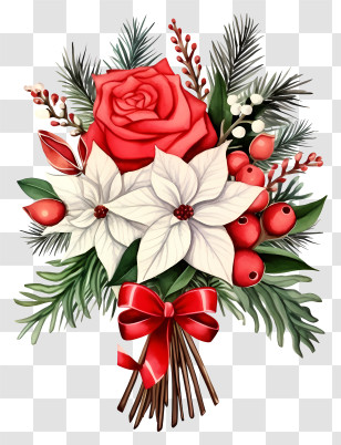 Hand Drawn Christmas Bouquet - Christmas Flower Bouquet With Roses And Poinsettias Transparent PNG