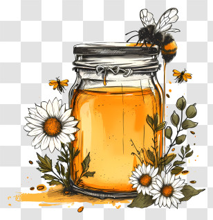 Honey Glass Jar - Honey Jar With Bees And Chamomile Flowers Transparent PNG