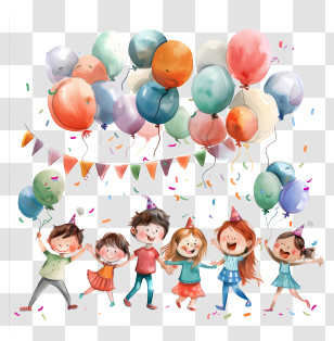 World Party Day - Kids Celebrating With Balloons And Confetti Transparent PNG