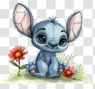 Cute Stitch - Adorable Blue Alien Plush Toy With Flowers Transparent PNG