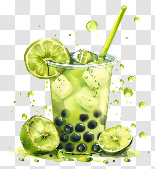 Boba Tea - Green Bubble Tea With Lime And Ice Cubes Transparent PNG