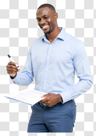 Businessman Giving A Presentation - Smiling Man In Light-Blue Shirt With Papers Transparent PNG
