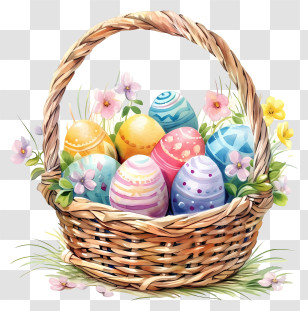 Watercolor Easter Egg Basket - Watercolor Easter Basket With Flowers And Eggs Transparent PNG