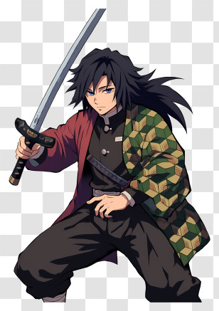 Giyu Tomioka - Black-haired Samurai Crouching With Katana Transparent PNG