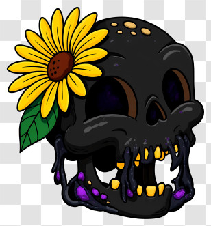 Halloween Skull Flowers - Cartoon Black Skull With Yellow Flower Transparent PNG