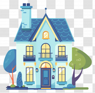 House - Charming Blue House With Trees Illustration Transparent PNG