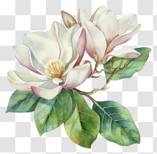 Cartoon - Magnolia Flowers With Green Leaves Transparent PNG