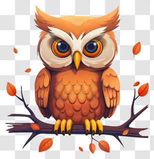Cute Owl - Orange Owl Sitting On A Branch With Autumn Leaves Transparent PNG