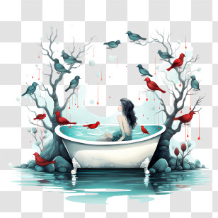 Bathtub Party Day - Woman Relaxing In Bathtub With Birds Transparent PNG