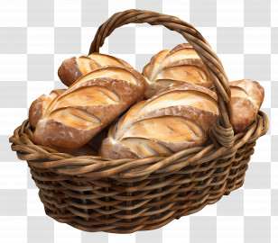 Breads In Basket - Rustic Basket Of Fresh Bread Loaves Transparent PNG