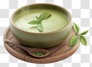 Matcha Green Tea - Bowl Of Green Tea With Herbal Garnish Transparent PNG