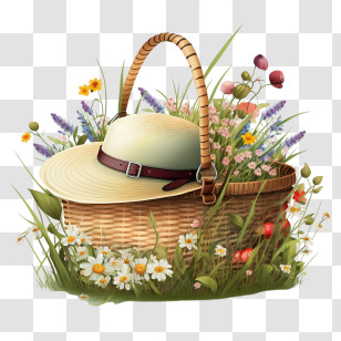 Summer Picnic Basket
 - Straw Basket With Hat And Wildflowers Transparent PNG