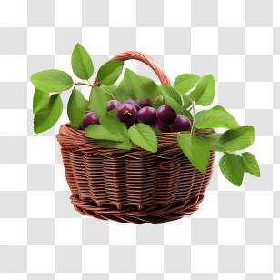 Plum - Woven Basket With Purple Fruits And Green Leaves Transparent PNG