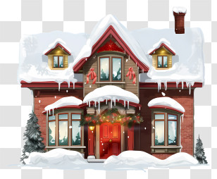 Winter Scene - Snow-Covered House With Christmas Decorations Transparent PNG
