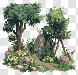 Woodland Garden - Serene Forest With Trees And Flowers Transparent PNG