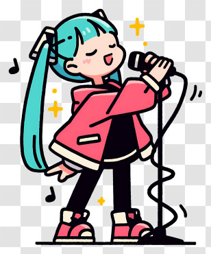 Kawaii Girl Singing - Blue-haired Singer With Microphone Transparent PNG