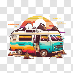 Colors Of The 90s Camp Car
 - Colorful Camper Van With Mountain Background Transparent PNG