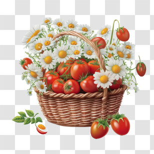 Realistic Tomatoes - Basket Of Tomatoes And Daisy Flowers Transparent PNG