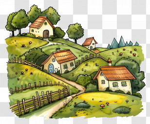 Countryside Farm - Cartoon Houses On A Countryside Hill Landscape Transparent PNG