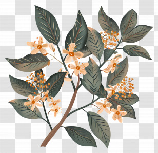 Osmanthus Flowers - Branch With Delicate Yellow Blossoms And Leaves Transparent PNG