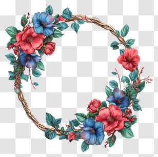 Pastel Round Frame - Floral Wreath With Red And Blue Flowers Transparent PNG
