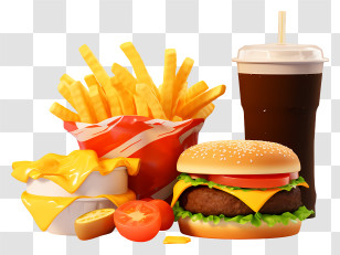 Fast Food - Cheesy Burger With Fries And Soda Transparent PNG
