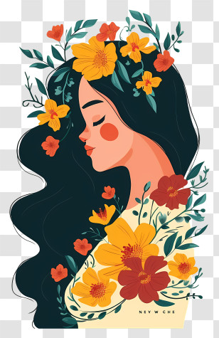 Flat Woman And Flowers - Woman With Botanical Floral Pattern Design Transparent PNG