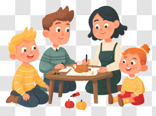 Kids Drawing Turkey - Family Crafting Around Table Transparent PNG