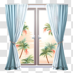 Window Curtain - Window With Blue Curtains And Tropical View Transparent PNG