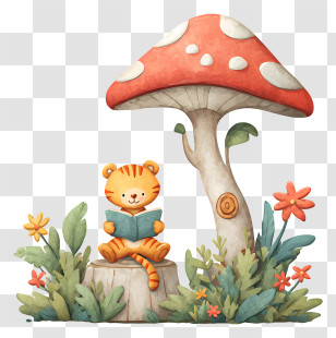 Tiger Reading Book - Tiger Reading Under Mushroom Transparent PNG