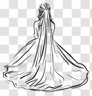 One Line Drawing - Elegant Bride Sketch With Dress And Veil Transparent PNG