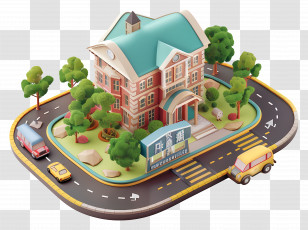 Cartoon School - Cartoon School Building And Surrounding Roads Transparent PNG