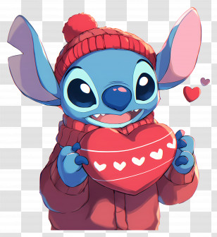 Stitch Love - Cartoon Creature Holding Heart In Winter Attire Transparent PNG