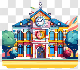 Cartoon Building - Colorful Cartoon House With Clock And Trees Transparent PNG
