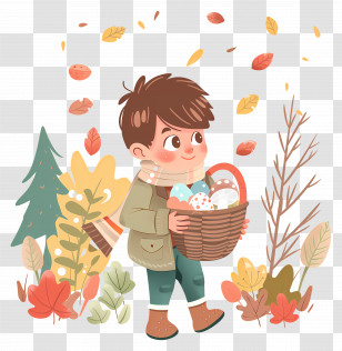 Cute Boy - Child With Basket And Autumn Leaves Transparent PNG