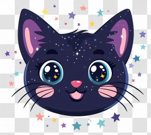 Kawaii Cat - Black Cartoon Cat With Stars Transparent PNG