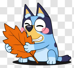 Cartoon Bluey - Blue Cartoon Dog Holding An Autumn Leaf Transparent PNG